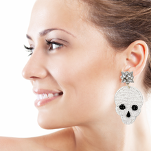 Load image into Gallery viewer, Halloween beaded Earrings, beaded halloween Earrings, halloween Earrings, Halloween Bead Earrings, earrings for halloween, skull earrings, spooky beaded earrings, white black earrings, Unique earrings, candy corn earrings, Halloween jewelry, statement earrings, skull earrings, spooky earrings, costume jewelry, Holiday earrings, pumpkin earrings, custom designs, cat earrings, dangling earrings, witch earrings, autumn accessories, witch vibes, spooky vibes, skull earrings, skull accessories