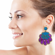 Load image into Gallery viewer, custom beaded Earrings, seashell Earrings, shell Beaded Earrings, sea shell earrings, mermaid earrings, women earrings, Statement earrings, handmade earrings, custom earrings, bejeweled accessories, fancy accessories, purple color earrings, gifts for mom, best friend gifts, birthday gifts, bohemian earrings, fancy earrings accessory, party earrings, Fancy earrings, boho earrings, rhinestone earrings, embellished earrings, Fancy jeweled earrings, Lightweight earrings, statement earrings, Tropical earrings