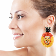 Load image into Gallery viewer, custom beaded Earrings, black gold Earrings, lion Beaded Earrings, lion earrings, lion jeweled earrings, women earrings, Statement earrings, handmade earrings, custom earrings, bejeweled accessories, fancy accessories, jaguar earrings, gifts for mom, best friend gifts, birthday gifts, bohemian earrings, fancy earrings accessory, party earrings, Fancy earrings, boho earrings, rhinestone earrings, embellished earrings, Fancy jeweled earrings, party earrings, statement earrings, best selling items