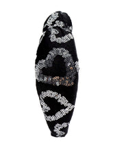 Load image into Gallery viewer, VALENTINES Headband, Valentine’s Day Headband, Heart Jeweled Knot Headband, Jeweled Knot Headbands, Valentines Day Knotted Headband, knotted headband, birthday gift for her, headbands for women, best selling items, knotted headbands, boho headband, purple knot headband, valentine headband, valentines headband, valentines day gifts, embellished headband, heart stud headband, black velour headband, silver hearts headband, handmade headband, hearts knot headband, custom headband