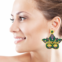 Load image into Gallery viewer, earrings for women, Gold Purple earrings, beaded earrings, Mardi Gras earrings, NOLA earrings, Mardi earrings, Purple earrings, Mardi Gras masks earrings, trendy earrings, party earrings, New Orleans party earrings, Mardi gras party earrings, holiday earrings, luxury earrings, Mardi gras accessories, Mardi Gras gifts, Mardi Gras New Orleans earrings, custom earrings, handmade earrings, Mardi Gras beaded earrings, Mardi Gras accessories, boho earrings, custom earrings, best selling items