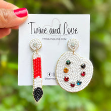 Load image into Gallery viewer, custom beaded Earrings, jeweled Earrings, Art kit Beaded Earrings, art teacher earrings, teacher jeweled earrings, handmade earrings, custom earrings, bejeweled accessories, art teacher jewelry accessories, teacher appreciation gift, teacher gifts, birthday gifts, bohemian earrings, luxurious handmade accessories, party earrings, teacher appreciation week gifts, teaching earrings, rhinestone earrings, embellished earrings, party earrings, statement earrings, best selling items, lightweight earrings