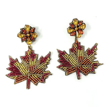 Load image into Gallery viewer, maple beaded Earrings, autumn Earrings, Autumn leaf Earrings, Fall Earrings, earrings for Thanksgiving, Thanksgiving earrings, orange earrings, Unique earrings, maple leaf earrings, Autumn jewelry, statement earrings, Brown earrings, Fall beaded earrings, Autumn jewelry, Holiday earrings, pumpkin earrings, custom designs, maple earrings, dangling earrings, unique earrings, Thanksgiving accessories, Autumn accessories, Autumn brown earrings, Fall accessories, best selling fall earrings