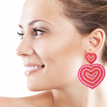 Load image into Gallery viewer,  Hearts Beaded Earrings, hot Pink Heart Earrings, Valentines Day Earrings, Valentines Beaded Earrings, Seed Bead, Valentines Heart earrings, Pink earrings, pink beaded earrings, Love beaded earrings, valentines beaded earrings, Hearts earrings, fuchsia hearts earrings, holiday gifts, tween girls accessories, Valentine’s day accessories, Best friend gifts, Best selling items, Heart accessories, boho earrings, custom earrings, unique earrings, unique gifts, handmade gifts, Pink Heart earrings