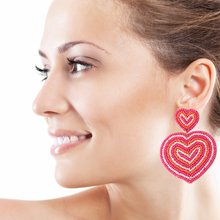 Load image into Gallery viewer, 
Hearts Beaded Earrings, hot Pink Heart Earrings, Valentines Day Earrings, Valentines Beaded Earrings, Seed Bead, Valentines Heart earrings, Pink earrings, pink beaded earrings, Love beaded earrings, valentines beaded earrings, Hearts earrings, fuchsia hearts earrings, holiday gifts, tween girls accessories, Valentine’s day accessories, Best friend gifts, Best selling items, Heart accessories, boho earrings, custom earrings, unique earrings, unique gifts, handmade gifts, Pink Heart earrings