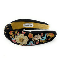 Load image into Gallery viewer, hand beaded Headband, floral beaded knot Headband, black floral top Knot Headband, embroidered floral Knot Headband, custom Knotted Headband, embellished knotted headband, birthday gifts, headbands for women, boho knotted headband, hair accessories, party knot headband, spring knot headband, bachelorette headband, Bachelorette gifts, custom headband, handmade headband, boho headband, handmade knot headband, statement headband, best selling items, birthday gifts for her