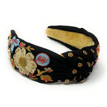 Load image into Gallery viewer, hand beaded Headband, floral beaded knot Headband, black floral top Knot Headband, embroidered floral Knot Headband, custom Knotted Headband, embellished knotted headband, birthday gifts, headbands for women, boho knotted headband, hair accessories, party knot headband, spring knot headband, bachelorette headband, Bachelorette gifts, custom headband, handmade headband, boho headband, handmade knot headband, statement headband, best selling items, birthday gifts for her