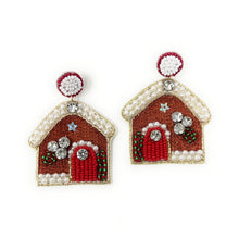 Load image into Gallery viewer, Gingerbread house earrings with decorative elements on a white background