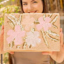 Load image into Gallery viewer, blush clutch purse, beaded bag, birthday gifts, seed bead purse, sequin gold bag, seed bead clutch, gold bag, floral clutch bag, engagement gift, bridal gift to bride, bridal gift, gifts to bride, wedding gift, bride gifts, cross body purse, bride to be gift, bachelorette gifts, best friend gift, best selling items, party bag, boho clutch, best friend gift, bridesmaid gift, pink beaded clutch purse, blush beaded clutch, blush clutch, neutral color purse, holiday bags, evening clutches, evening bags.