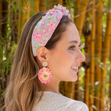Load image into Gallery viewer, Summer Knot headband, resort knot headband, reef print knotted headband, vacation accessories, multicolor top knot headband, pink blue headband, resort headband, pink blue color hair band, tropical fabric headband, custom jeweled headband, multi color knotted headband, beach hair accessories, summer accessories, summer accessories, vacation headband, summer top knot headband, custom headband, handmade headbands, beach knotted headband, best selling items, jeweled headband, handmade gifts