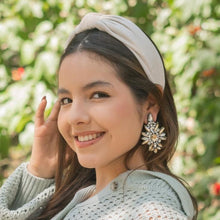 Load image into Gallery viewer, custom beaded Earrings, Unique jeweled Earrings, beige Beaded Earrings, boho earrings, gold jeweled earrings, handmade earrings, custom earrings, party accessories, fancy accessories, beige embellished earrings, custom earrings, best friend gifts, birthday gifts, bohemian earrings, luxurious handmade accessories, night jewelry, Fancy earrings, boho earrings, beaded earrings, Fancy jeweled earrings, statement earrings, best selling items, statement earrings, handmade gifts, custom gifts