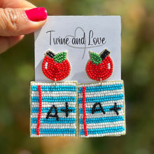 Load image into Gallery viewer, custom beaded Earrings, teacher jeweled Earrings, apple Beaded Earrings, teacher earrings, teacher jeweled earrings, handmade earrings, custom earrings, bejeweled accessories, teacher jewelry accessories, teacher appreciation gift, teacher gifts, birthday gifts, bohemian earrings, luxurious handmade accessories, party earrings, teacher appreciation week gifts, teaching earrings, rhinestone earrings, embellished earrings, party earrings, statement earrings, best selling items, lightweight earrings