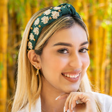 Load image into Gallery viewer, headbands for women, green knotted headband, headband style, top knot headband, green top knot headband, lucky charm headband, lucky charm hair band, green knot headband, top knotted headband, St Patrick’s headband, handmade headbands, top knotted headband, hand bead knotted headband, Clover leaf hair band for women, Hand bead St. Patrick’s headband, statement headbands, embellished headband, chic headband, clover leaf knot headband, st paddy’s headband, green hair accessories, shamrock headband