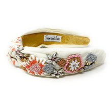 Load image into Gallery viewer, hand beaded Headband, floral beaded knot Headband, ivory floral top Knot Headband, embroidered floral Knot Headband, custom Knotted Headband, embellished knotted headband, birthday gifts, headbands for women, boho knotted headband, hair accessories, party knot headband, spring knot headband, bachelorette headband, Bachelorette gifts, custom headband, handmade headband, boho headband, handmade knot headband, statement headband, best selling items, birthday gifts for her