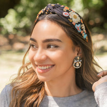 Load image into Gallery viewer, hand beaded Headband, floral beaded knot Headband, black floral top Knot Headband, embroidered floral Knot Headband, custom Knotted Headband, embellished knotted headband, birthday gifts, headbands for women, boho knotted headband, hair accessories, party knot headband, spring knot headband, bachelorette headband, Bachelorette gifts, custom headband, handmade headband, boho headband, handmade knot headband, statement headband, best selling items, birthday gifts for her