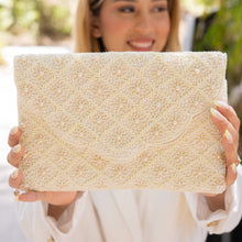 Load image into Gallery viewer, Bride clutch purse, gift for bride, seed beaded clutch purse, bridal purse clutch, white beaded wedding clutch, bride gifts, bridal gifts, engagement gifts, bridal shower gifts, bridesmaid gifts, bride to be gift, gift for her, bride gift, wedding gift, bridal gift, bridal purse clutch, wedding bag, wedding purse for bride, bride bag, wedding bridal clutch, wedding white bag, gifts for the bride, best engagement gift, best bridesmaid gift, Ivory clutch purse, ivory beaded clutch purse