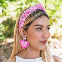 Load image into Gallery viewer, headband for women, summer Knot headband, pink headband, Summer knotted headband, Multicolor top knot headband, multi color top knotted headband, multicolor knotted headband, Bright knot headband, pink Sequin hair band, pink sequin knot headbands, pink knot headband, statement headbands, top knotted headband, knotted headband, Multicolor accessories, embellished headband, gemstone knot headband, luxury headband, embellished knot headband, multicolor knot headband, summer knot embellished headband