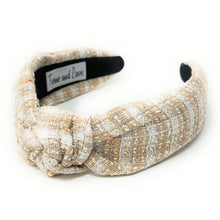 Load image into Gallery viewer, headbands for women, tweed headband, handmade headbands, top knotted headband, knotted headband, hair band for women, ivory headband, tweed headband, neutral headband for women, winter headband, tweed knot headband for women, knotted jeweled headband, bling headband, fall winter knot headband, luxury knot headband, plaid tweed headband, tweed knotted headband, fall hair accessories, soft beige tweed, neutral tweed, winter headbands, neutral tweed headband, tweed plaid headband, tweed accessories