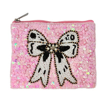 Load image into Gallery viewer, pink bow beaded Coin Purse Pouch, Beaded Coin Purse, white black bow Purse, bow Beaded Purse, Summer Coin Purse, Best Friend Gift, Boho bags, Wallets for her, boho gifts, boho pouch, boho accessories, best friend gifts, tween girl gifts, pink beaded coin pouch, miscellaneous gifts, best seller, best selling items, bachelorette gifts, birthday gifts, preppy beaded wallet, party favors, bachelorette bag, money pouch, wallets for girls, bohemian wallet, batch gifts, mother’s day gift, sequin bow, handmade gift