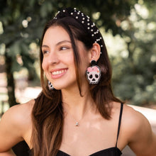 Load image into Gallery viewer, headbands for women, black headband, handmade headbands, black white top knotted headband, black knotted headband, hair band for women, embellished headband, white pearl headband, black white pearl headband for women, football headband, jeweled headband for women, knotted jeweled headband, raiders headband, pearl knot headband, raiders knot headband, pearly headbands, black white headband, game day hair accessories, game day headband, summer headbands, raiders colors, best selling items