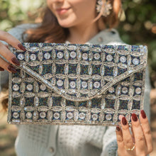 Load image into Gallery viewer, Boho beaded clutch purse, seed bead purse, beaded bag, blue silver color handbag, beaded bag, navy blue color clutch, birthday gift for her, Fall clutch bag, seed bead purse, engagement gift, party clutches, bridal gift, navy blue elegant purse, gifts to bride, gifts for bride, wedding gift, evening bags, Winter beaded clutch purse, birthday gift for her, navy blue silver beaded clutch, seed bead purse, beaded bag, silver bag, boho purse, sequin silver beaded clutch purse, unique bags, best selling items, h