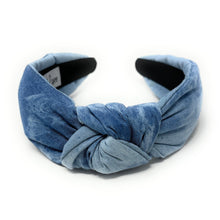 Load image into Gallery viewer, headband for women, denim knot headband, headbands for women, stylish headbands, bleach blue denim headband, top knot headband, denim top knot headband, blue denim headband, blue bleach denim hairband, trendy headbands, handmade headbands, top knotted headband, knotted headband, trendy headband, fashion headbands, dark denim headband, blue striped headband, bleach blue headband for women, denim headband for women, denim headband, best selling items, summer headband