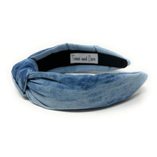 Load image into Gallery viewer, headband for women, denim knot headband, headbands for women, stylish headbands, bleach blue denim headband, top knot headband, denim top knot headband, blue denim headband, blue bleach denim hairband, trendy headbands, handmade headbands, top knotted headband, knotted headband, trendy headband, fashion headbands, dark denim headband, blue striped headband, bleach blue headband for women, denim headband for women, denim headband, best selling items, summer headband