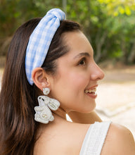 Load image into Gallery viewer, headbands for women, Wide headband, handmade headbands, top knotted headband, knotted headband, hair band for women, embellished headband, gingham headband, gingham headband for women, luxury headband, jeweled headband for women, knotted jeweled headband, bling headband, embellished knot headband, luxury knot headband, gingham print headbands, pink gingham headband, spring hair accessories, easter headbands, spring headbands, Gingham jeweled headband, embellished headband, best selling items