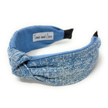 Load image into Gallery viewer, Blue denim headband with a knot design and small scattered rhinestones for sparkle, conveying a chic style.