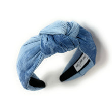 Load image into Gallery viewer, headband for women, denim knot headband, headbands for women, stylish headbands, bleach blue denim headband, top knot headband, denim top knot headband, blue denim headband, blue bleach denim hairband, trendy headbands, handmade headbands, top knotted headband, knotted headband, trendy headband, fashion headbands, dark denim headband, blue striped headband, bleach blue headband for women, denim headband for women, denim headband, best selling items, summer headband