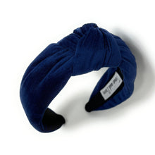 Load image into Gallery viewer, Fall Winter Headband, blue velvet Headband, blue Knot Headband, Fall Hair Accessories, blue velour Headband, Best Seller, headbands for women, best selling items, knotted headband, hairbands for women, Fall Winter gifts, Solid color knot Headband, Solid color hair accessories, Hanukkah headband, Velour knotted headband, Statement headband, Birthday gifts, embellished knot headband, Fall Autumn  accessories, Chanukkah headband, Hanukkah velour headband, Velvet knot headband, velvet knotted headband