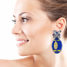 Load image into Gallery viewer, football Beaded Earrings, blue gold football Earrings, football Earrings, LA Rams football, football earrings, Gold and Blue football earrings, Blue Yellow football accessories, LA Rams football earrings, Los Angeles Rams earrings, Royal football earrings, football seed bead earrings, football accessories, Football women accessories, Game day earrings, Best selling items, birthday gifts, sport jewelry, sport bead earrings, football accessory, College gifts, Football gifts for her, gameday earrings