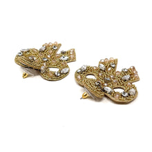 Load image into Gallery viewer, custom beaded Earrings, bow jeweled Earrings, gold Beaded Earrings, bow earrings, summer jeweled earrings, handmade earrings, custom earrings, party accessories, fancy accessories, bow embellished earrings, custom earrings, best friend gifts, birthday gifts, bohemian earrings, luxurious handmade accessories, night jewelry, Fancy earrings, boho earrings, beaded earrings, Fancy jeweled earrings, statement earrings, best selling items, statement earrings, handmade gifts, custom gifts, gold bow