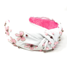 Load image into Gallery viewer, hand beaded Headband, bow beaded knot Headband, pink color bow top Knot Headband, bow Knot Headband, custom Knotted Headband, embellished knotted headband, birthday gifts, headbands for women, boho knotted headband, hair accessories, party knot headband, pink bow knot headband, bachelorette headband, Bachelorette gifts, custom headband, handmade headband, boho headband, handmade knot headband, statement headband, best selling items, birthday gifts for her, white pink headband, preppy headband