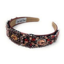Load image into Gallery viewer, headband for women, fall headband, brown baroque headband, fall winter headband, redwood headband, bridal headband, bridal accessories, brown luxurious hairband, luxurious hair band, unique embellished headband, unique headband, statement headband, custom bridal headband, brown color accessories, embellished headband, gemstone headband, luxury headband, brown bejeweled headband, bling headband, baroque embellished headband, custom headband, jeweled baroque headband, evening hair accessory