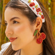 Load image into Gallery viewer, cherry Beaded Earrings, beaded cherry Earrings, fruit Earrings, cherry love Beaded Earrings, fruity earrings, cherry lover bead earrings, multicolor beaded earrings, tropical earrings, Beaded earrings, cherry bead earrings, cherry seed bead earrings, fruit accessories, summer accessories, spring summer earrings, gifts for mom, best friend gifts, birthday gifts, fruit jewelry, fruit bead earrings, cherry earrings accessory, multicolor earrings, summer beaded earrings