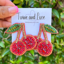 Load image into Gallery viewer, cherry Beaded Earrings, beaded cherry Earrings, fruit Earrings, cherry love Beaded Earrings, fruity earrings, cherry lover bead earrings, multicolor beaded earrings, tropical earrings, Beaded earrings, cherry bead earrings, cherry seed bead earrings, fruit accessories, summer accessories, spring summer earrings, gifts for mom, best friend gifts, birthday gifts, fruit jewelry, fruit bead earrings, cherry earrings accessory, multicolor earrings, summer beaded earrings