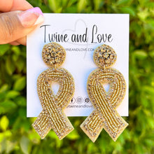 Load image into Gallery viewer, gold ribbon Beaded Earrings, beaded gold Earrings, gold color Earrings, childhood cancer awareness Beaded Earrings, childhood gold ribbon earrings, childhood awareness earrings, childhood cancer ribbon earrings, cancer awareness earrings, Beaded earrings, childhood cancer ribbon earrings, gold bead earrings, ribbon accessories, Childhood cancer awareness accessories, support cancer awareness earrings, gifts for mom, best friend gifts, birthday gifts, gold earrings, gold beaded earrings, support cancer aware