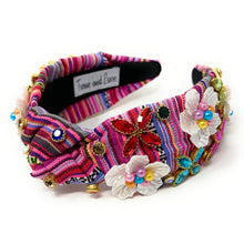 Load image into Gallery viewer, cinco de mayo Knot headband, cinco de mayo headband, mexican knotted headband, cinco de mayo accessories, fiesta knot headband, cambaya fabric headband, floral knotted headband, multicolor headband,  multicolor hair band, embellished headbands, Mexico headband, knotted headband, Cinco de Mayo knotted headband, Mexican hair accessories, light pink accessories, Summer headband, colorful headband, Mexican fabric accessories, custom headband, handmade headbands, bachelorette gifts, best selling items