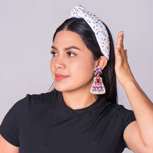 Load image into Gallery viewer, headband for women, sprinkles Knotted headband, headbands for women, birthday headbands, top knot headband, sprinkles top knot headband, rainbow headband, sprinkles hair band, trendy headbands, top knotted headband, statement headbands, top knotted headband, knotted headband, party headbands, trendy headband, fashion headbands, embellished headband, rhinestone headband, confetti headband for women, luxury headband, headbands for women, white headband, happy birthday headbands