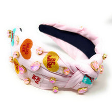 Load image into Gallery viewer, VALENTINES's day Jeweled Headband, Valentine’s Day Headband, Heart Candy Jeweled Knot Headband, Jeweled Knot Headbands, Valentines Day Knotted Headband, best selling headband, birthday gift for her, headbands for women, best selling items, knotted headbands, vday headband, purple knot headband, valentine headband, valentines headband, valentines day gifts, embellished headband, heart stud headband, Heart candy headband, pink hearts headband, handmade headband, hearts knot headband, custom headband