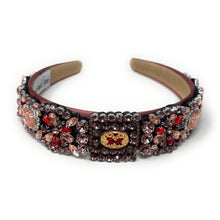 Load image into Gallery viewer, headband for women, fall headband, brown baroque headband, fall winter headband, redwood headband, bridal headband, bridal accessories, brown luxurious hairband, luxurious hair band, unique embellished headband, unique headband, statement headband, custom bridal headband, brown color accessories, embellished headband, gemstone headband, luxury headband, brown bejeweled headband, bling headband, baroque embellished headband, custom headband, jeweled baroque headband, evening hair accessory
