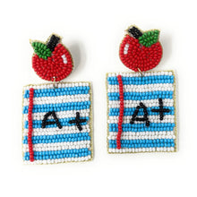 Load image into Gallery viewer, custom beaded Earrings, teacher jeweled Earrings, apple Beaded Earrings, teacher earrings, teacher jeweled earrings, handmade earrings, custom earrings, bejeweled accessories, teacher jewelry accessories, teacher appreciation gift, teacher gifts, birthday gifts, bohemian earrings, luxurious handmade accessories, party earrings, teacher appreciation week gifts, teaching earrings, rhinestone earrings, embellished earrings, party earrings, statement earrings, best selling items, lightweight earrings