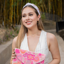 Load image into Gallery viewer, hand beaded Headband, bow beaded knot Headband, pink color bow top Knot Headband, bow Knot Headband, custom Knotted Headband, embellished knotted headband, birthday gifts, headbands for women, boho knotted headband, hair accessories, party knot headband, pink bow knot headband, bachelorette headband, Bachelorette gifts, custom headband, handmade headband, boho headband, handmade knot headband, statement headband, best selling items, birthday gifts for her, white pink headband, preppy headband