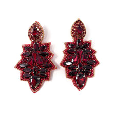 Load image into Gallery viewer, custom beaded Earrings, Unique jeweled Earrings, dark red Beaded Earrings, boho earrings, red jeweled earrings, handmade earrings, custom earrings, party accessories, fancy accessories, red embellished earrings, custom earrings, best friend gifts, birthday gifts, bohemian earrings, luxurious handmade accessories, night jewelry, Fancy earrings, boho earrings, beaded earrings, Fancy jeweled earrings, statement earrings, best selling items, dark red embellished earrings, handmade gifts