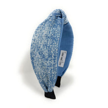 Load image into Gallery viewer, Blue denim headband with a knot design and small scattered rhinestones for sparkle, conveying a chic style.