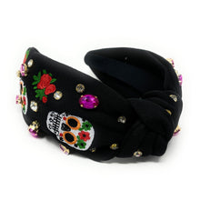 Load image into Gallery viewer, Halloween Jeweled Headband, Sugar Skull Knotted Headband, dia de los Muertos accessories, Black Headband, Day of the Death Hair Accessories, La Catrina Headband, Best Selling items, Sugar skull headband, Sugar Skull jeweled headband, black knotted headband, Halloween gifts, halloween knot Headband, halloween accessories, Halloween headband, Statement headband, Dia de los Muertos gifts, jeweled knot headband, Skull headband, Catrina Embellished headband, Day of the Death embellished headband