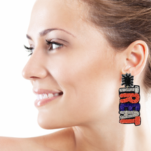 Load image into Gallery viewer, Halloween beaded Earrings, beaded halloween Earrings, halloween Earrings, Halloween Bead Earrings, earrings for halloween, trick or treat earrings, spooky beaded earrings, orange and black earrings, Unique earrings, candy corn earrings, Halloween jewelry, statement earrings, trick or treat earrings, spooky earrings, costume jewelry, Holiday earrings, pumpkin earrings, custom designs, cat earrings, dangling earrings, witch earrings, autumn accessories, witch vibes, spooky vibes, trick or treat accessories