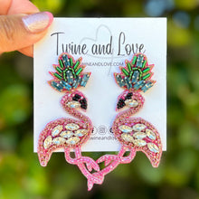 Load image into Gallery viewer, custom beaded Earrings, flamingo jeweled Earrings, flamingo Beaded Earrings, flamingo earrings, jeweled earrings, handmade earrings, custom earrings, bejeweled accessories, tropical jewelry accessories, embellished earrings, custom earrings, best friend gifts, birthday gifts, bohemian earrings, luxurious handmade accessories, party earrings, Fancy earrings, boho earrings, rhinestone earrings, embellished earrings, Fancy jeweled earrings, party earrings, statement earrings, best selling items