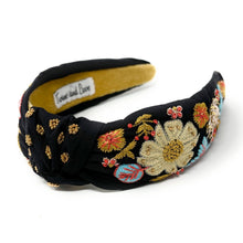 Load image into Gallery viewer, hand beaded Headband, floral beaded knot Headband, black floral top Knot Headband, embroidered floral Knot Headband, custom Knotted Headband, embellished knotted headband, birthday gifts, headbands for women, boho knotted headband, hair accessories, party knot headband, spring knot headband, bachelorette headband, Bachelorette gifts, custom headband, handmade headband, boho headband, handmade knot headband, statement headband, best selling items, birthday gifts for her